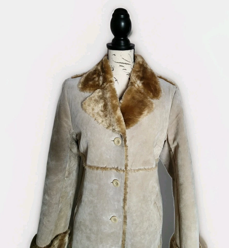 Abrigo Brandon Thomas Gamuza Cuero 52" Largo Penny Lane Imitación Piel de Oveja Abotonado S Foto 2 de 4