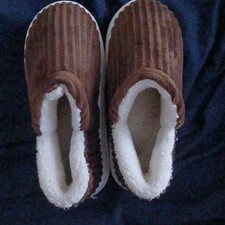 Brown Corduroy Faux Fur Lined Women's Slip-On Slippers, Flat Heel, Round Toe