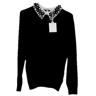 Siani Milano Women's Black  Sweater w/ Faux Leather & Rhinestone Collar  Sz M