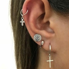 CROSS RHINESTONE NEW EARRINGS EAR CUFF SET UK TONE SELLER BOHO FESTIVAL SILVER