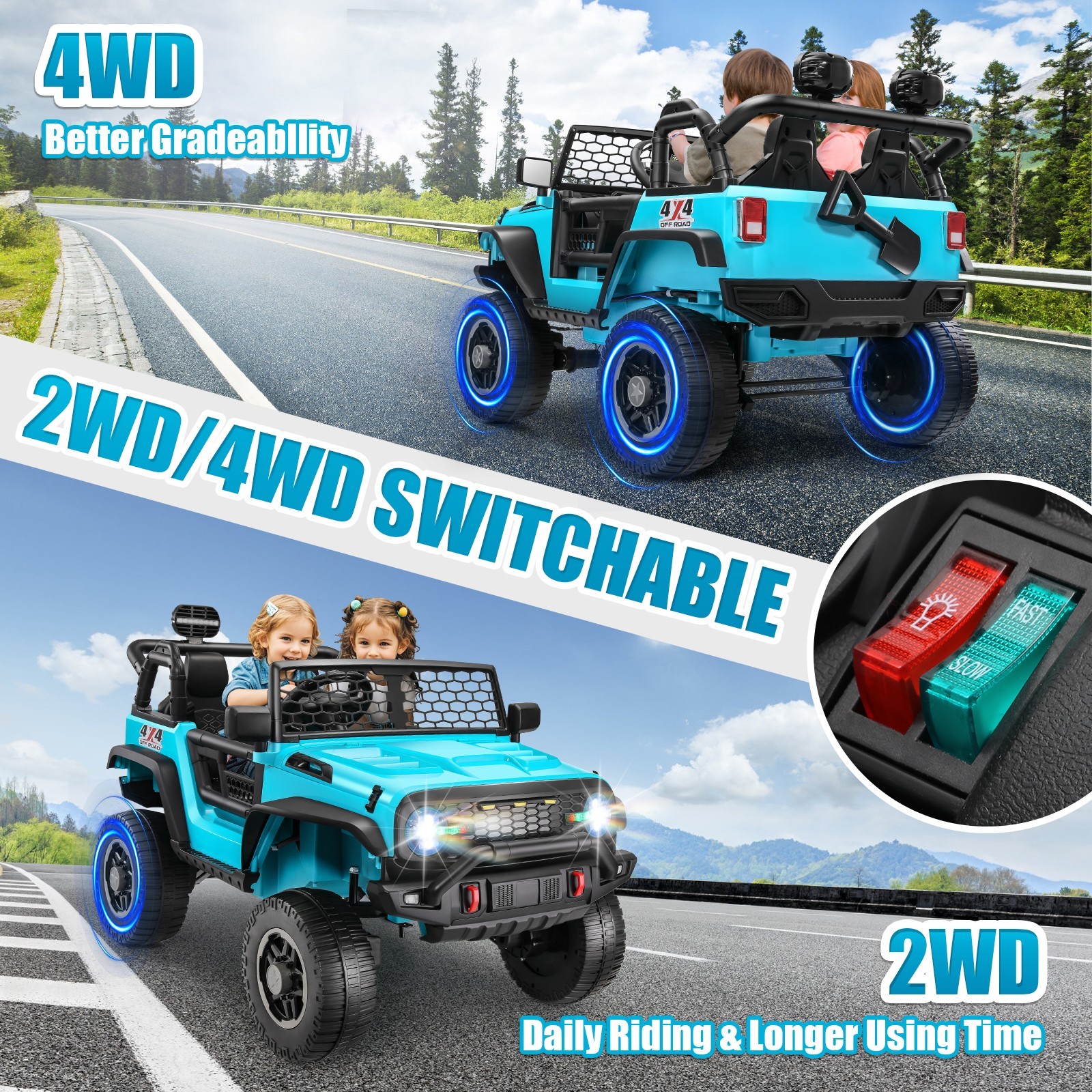 24V 2 Seater Kids Ride On Car 2WD/4WD Switchable Truck w/ Remote Control &Music-
