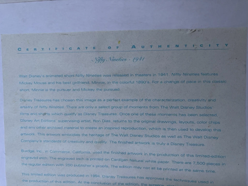 Disney Treasures Nifty Nineties Mickey & Minnie Engraved Etch Print COA/No Frame - Image 4 of 4