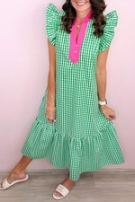 Bright Green Summer Color-Blocked Plaid Pattern Midi Dress