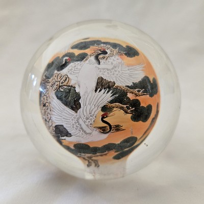 Cranes Art Glass Reverse Handpainted Sphere Ball 3'' Diameter Unbranded Vintage