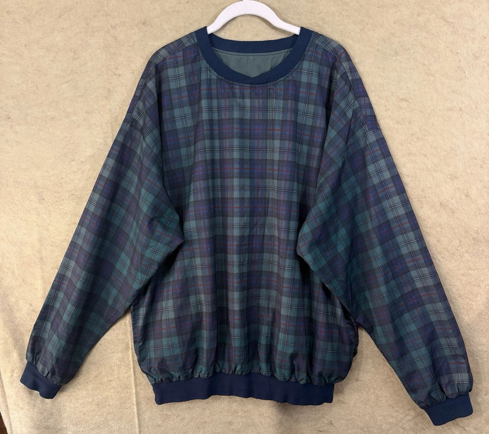Roche Tartan Plaid Reversible Windbreaker Pullover Mens XL Blue Pockets Golf