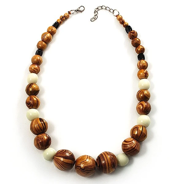 Collar de cuentas graduadas de madera y cerámica (marrón claro, crema y negro) - 44 cm L/ Foto 3 de 4