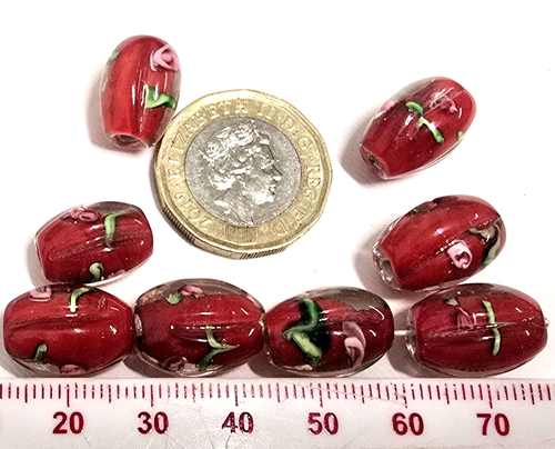 16 Excellent Quality 16mm long Oval Handmade Lamp-work Beads - Hot Red n Roses - Picture 4 of 5