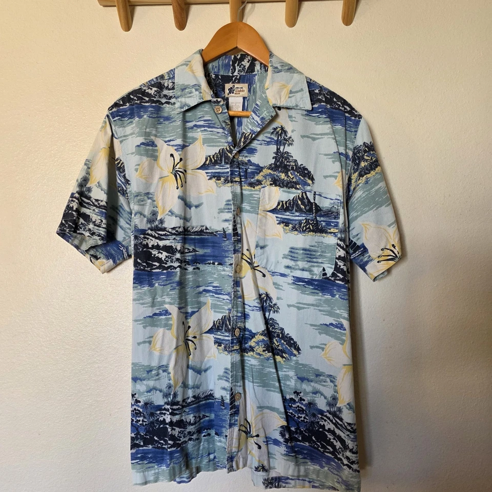 Винтажная мужская гавайская рубашка Cherokee Waikiki Wear Aloha размер Small синий цветочный узор - Изображение 2 из 4