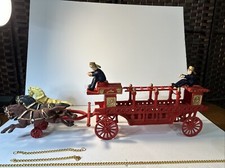 Vintage 25" inch Long Cast Iron 3 Horse Drawn Wagon Truck Fire Men Ladder