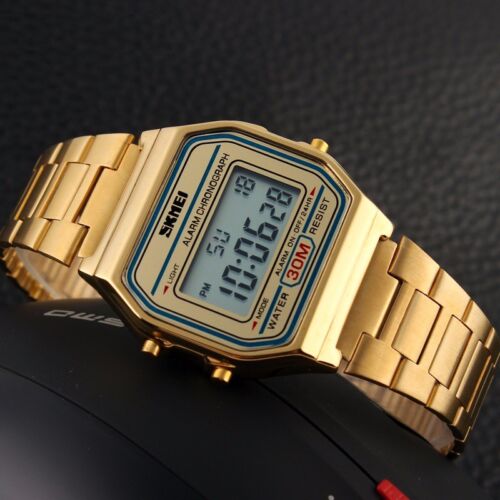 Mens LED Digital Wrist Watch Date Day Sport Army Gold Stainless Steel Vintage - Picture 1 of 14