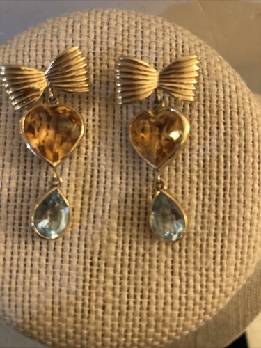 14kt yellow gold Bow Real Citrine heart & pear shaped blue topaz dangle earrings - Picture 3 of 10
