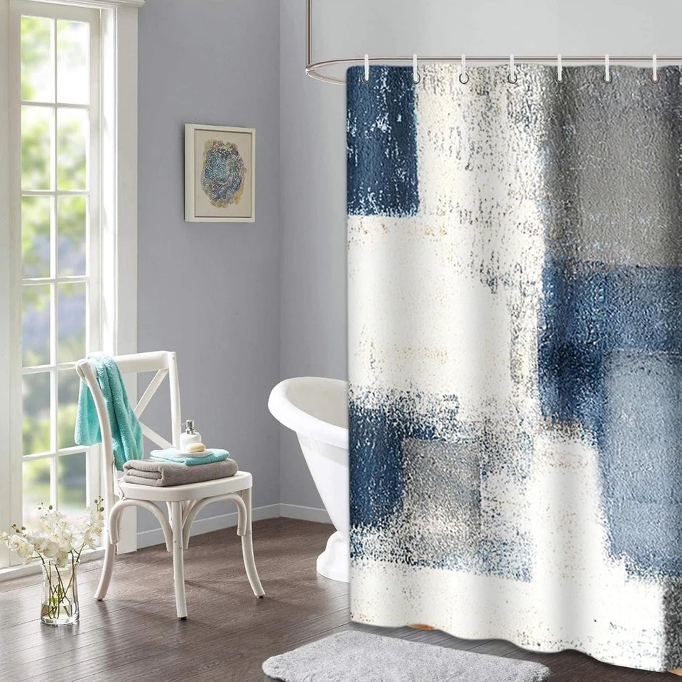 Cortina de Ducha Gris Contemporánea Azul y Gris Pintura Abstracta Interior Blanco Foto 2 de 4