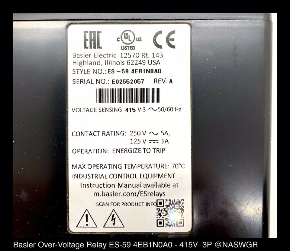 Relé de sobretensión Basler Electric ES-59 4EB1N0A0 - excedente sin usar Foto 3 de 4