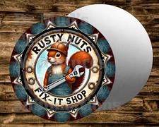Round metal Sign RUSTY NUTS FIX IT SHOP   Wreaths Crafts  miniatures Projects