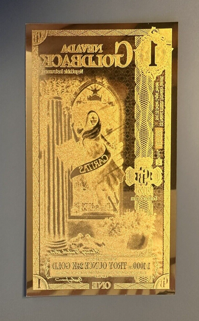 Gold Nevada 1 Golback certificate, 1/1000 troy ounce, ornate design with “Caritas” banner and crown motif.