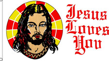 NEW = "JESUS-LOVES-YOU" - 5' X 3' - "CHRISTIAN FLAG" - "MY LORD AND MY GOD"