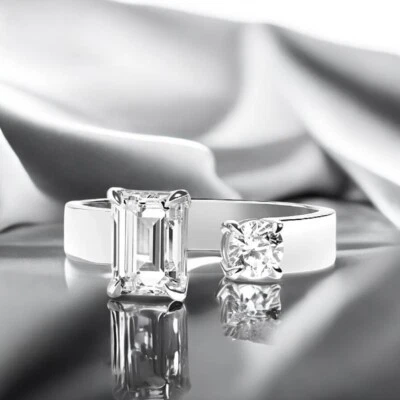 Toi et Moi Diamant Ring 14k Weißgold 1,25 Ct IGI Lab Grown Smaragd und Rund - Bild 1 von 4