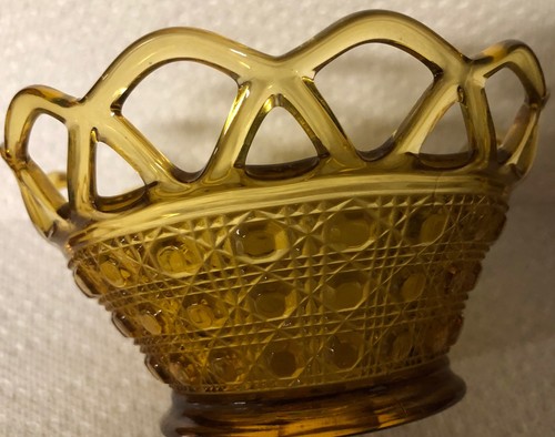 Vintage Imperial Amber Glass Open Lace Bowl Button Weave Pattern Lattice Candy - Picture 3 of 3