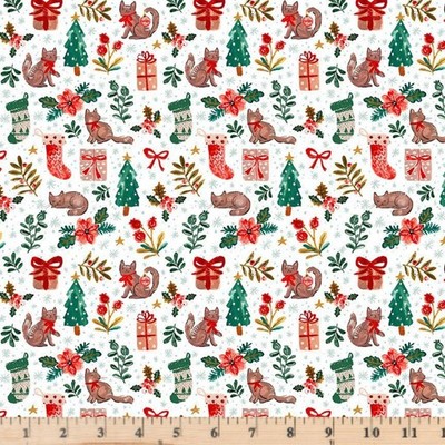 Baby It's Cold Outside Tis The Season Cats DCJ3151 White Half yd continuous cuts