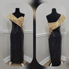 VTG Alyce Designs Black Gold Sequin One Shoulder Evening Gown Pageant Prom Dress