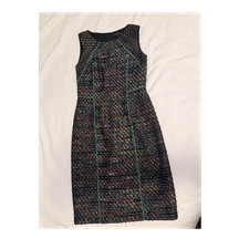 David Meister Multicolor Tweed Sheath Dress Size 4 Sleeveless Piping Accent