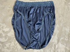 Vtg HANES Silky Satin Hi-Waist French Hi-Cut Wide Lace Band Size 6 Blue Panties
