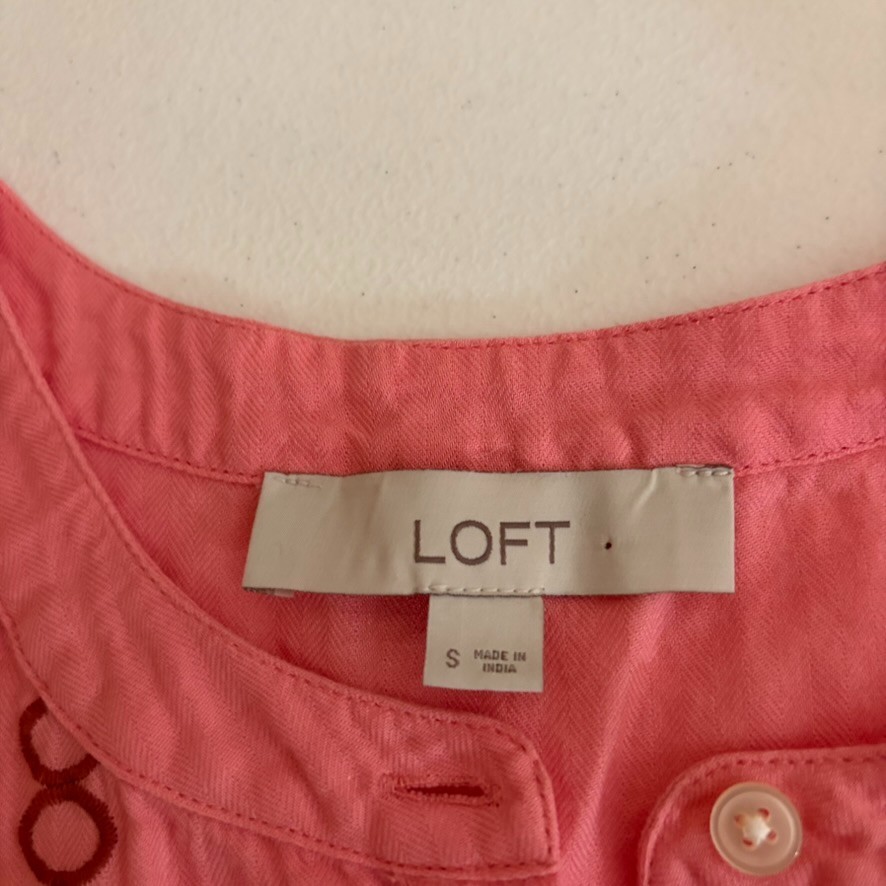 Loft Blouse Women's Small Pink Embroidered Button Popover Ruffle Boho Top