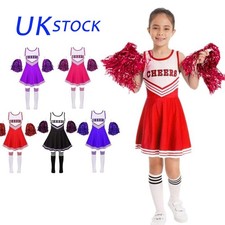 UK Kids Girls Cheerleading Costume Uniform Dress with Pom Poms Socks Outfits