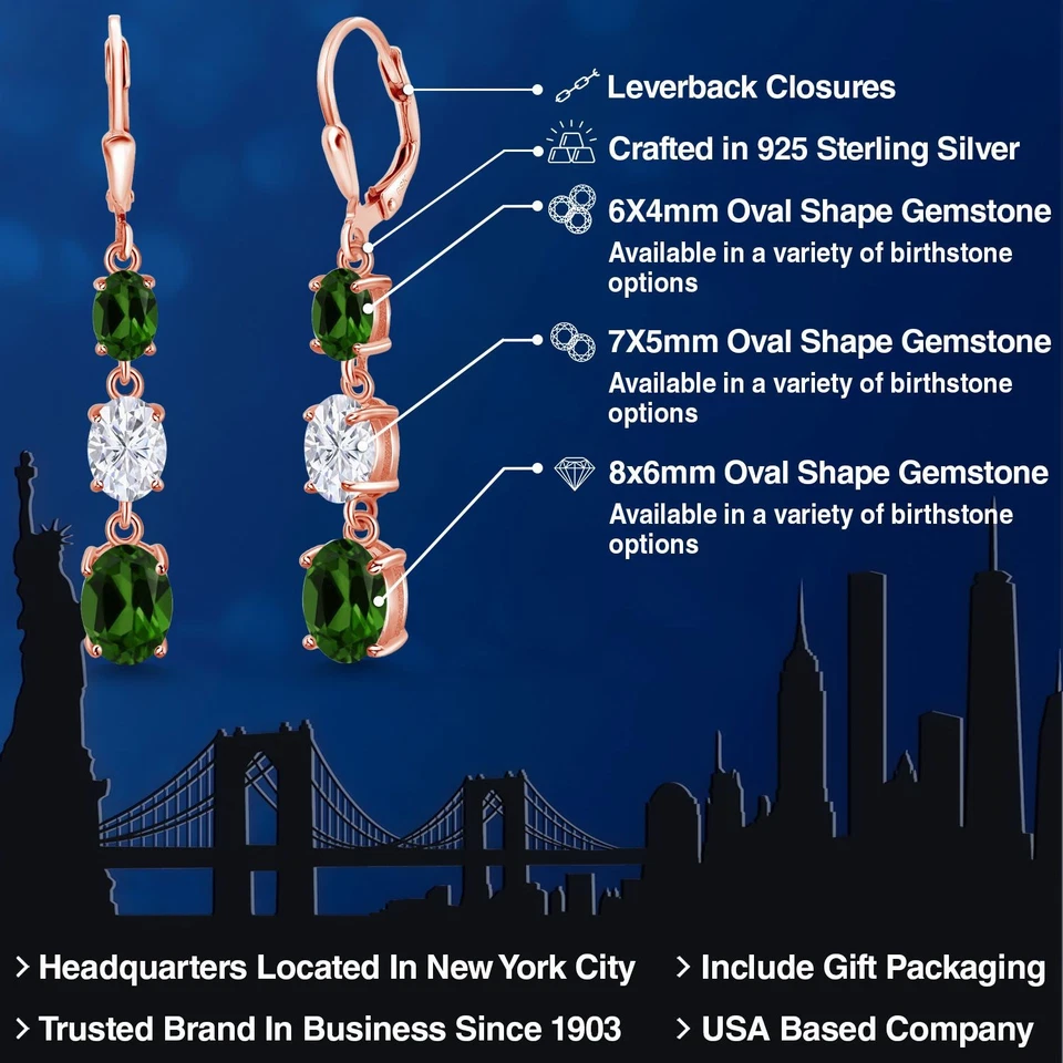 18K Rose Gold Plated Silver Green Chrome Diopside 3 Stone Dangle Earrings For - Image 2 of 4