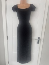 Boohoo Night Black Glitter Bardot Off Shoulder Maxi Evening Dress M UK 10 B100
