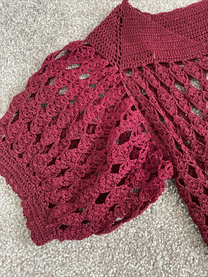 Vintage 1930s Art Deco Crochet Knit Wine Burgundy Red Dress Puff Sleeve XS - Image 2 of 4