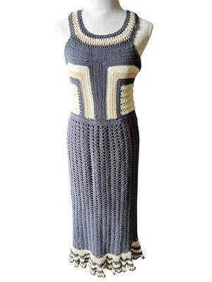 Cleobella Drew Hand Crochet Cotton Lined Midi Dress Navy Blue Cottagecore S