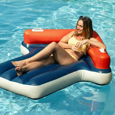 Inflatable Tanning Pool Lounger Raft with Ergonomic V-Shaped Pillow and Handles