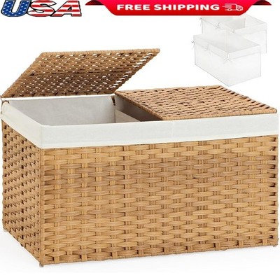 Wicker Storage Baskets W/ Lids Removable Linings Foldable Organizing Bins New