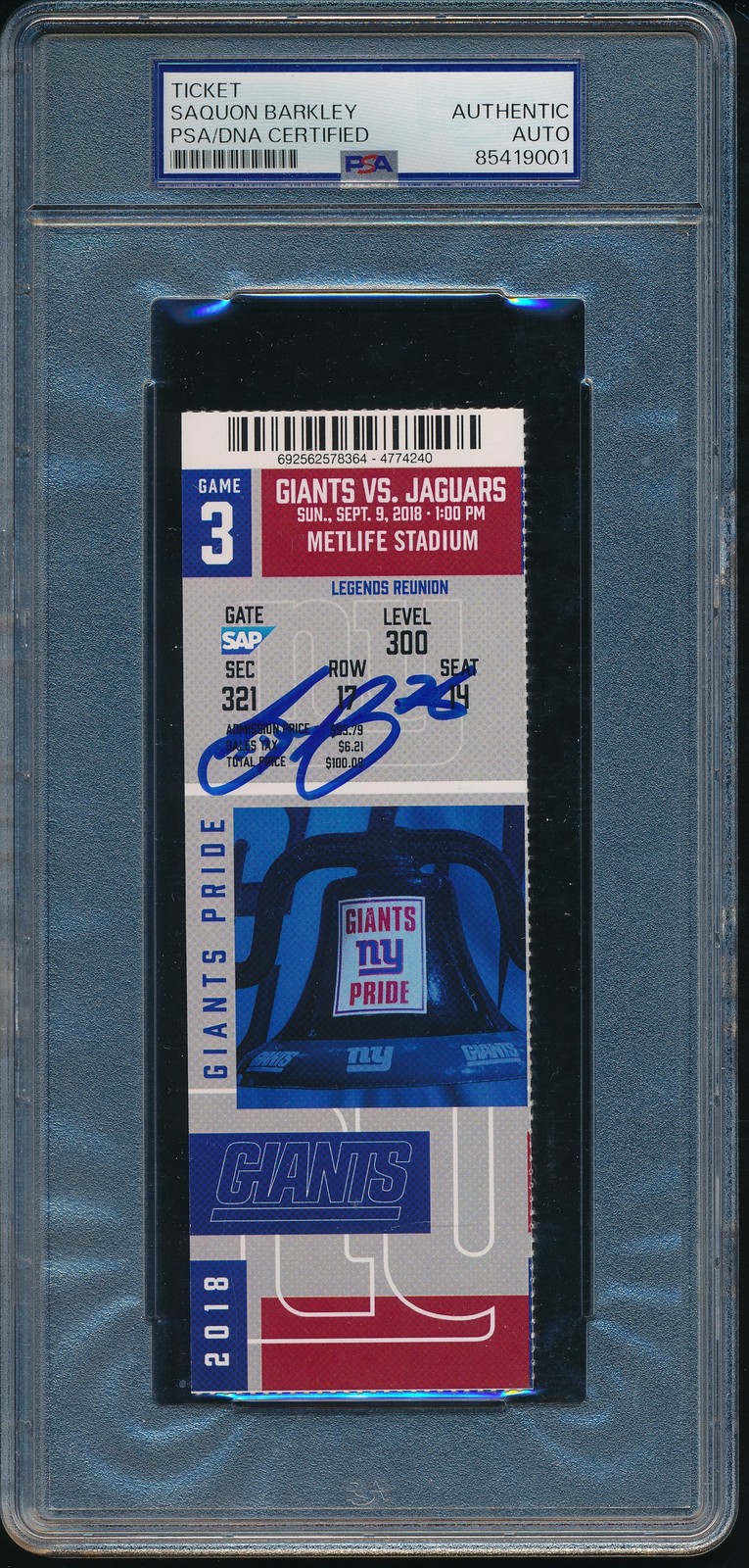 Saquon Barkley Autographed Signed 2018 Giants vs. Jaguars Full Ticket NFL Debut PSA 196002 