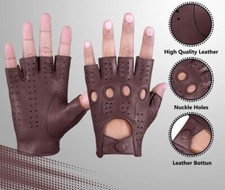 Men's Genuine Leather Half Finger Cycling, Motorcycle Gloves With Knuckle Holes