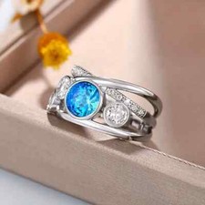 Elegant 925 Sterling Silver Blue White Topaz Wedding Engagement Ring Size 9