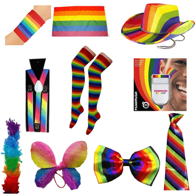 Rainbow Gay Pride Carnival Stag Hen Party Wig Hat Tie Socks Boa Accessory
