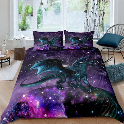 Dragon Bedding Set Purple Nebula Duvet Cover Set Twin Size Mysterious Outer Spac