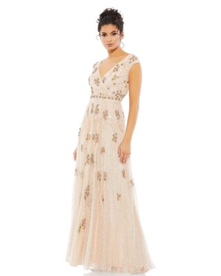 MAC DUGGAL EMBELLISHED WRAP OVER CAP SLEEVE A-LINE GOWN 93575 BLUSH SIZE 16 $998