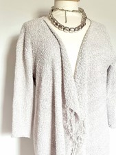 Lange Lagenlook Fransen Strickjacke Wraparound Jacke Boucle Natur Weiß Hell M