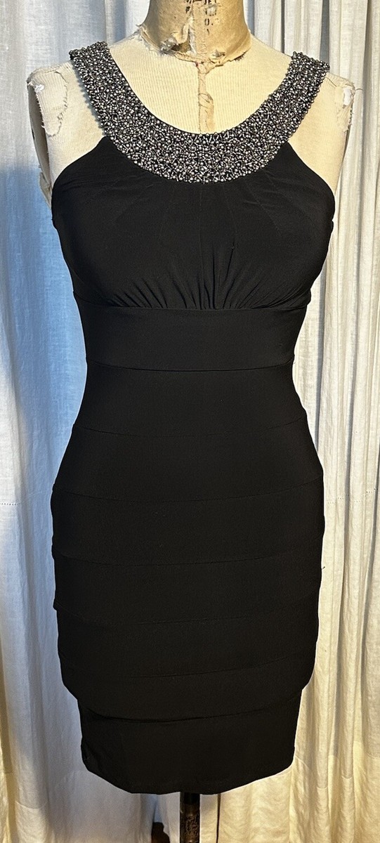 David's Bridal Womens Blk Jersey Grey Bead Embellished Neck Fitted Dr Sz 4  Used | eBay
