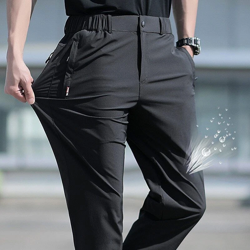 Men's Pants Ice Silk Stretch Straight Leg Pants Quick Dry Elastic Black  Trousers