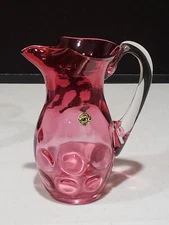 Vintage Sanyu Japan Pink Coin Dot Glass 7" Pitcher Applied Handle Original Label