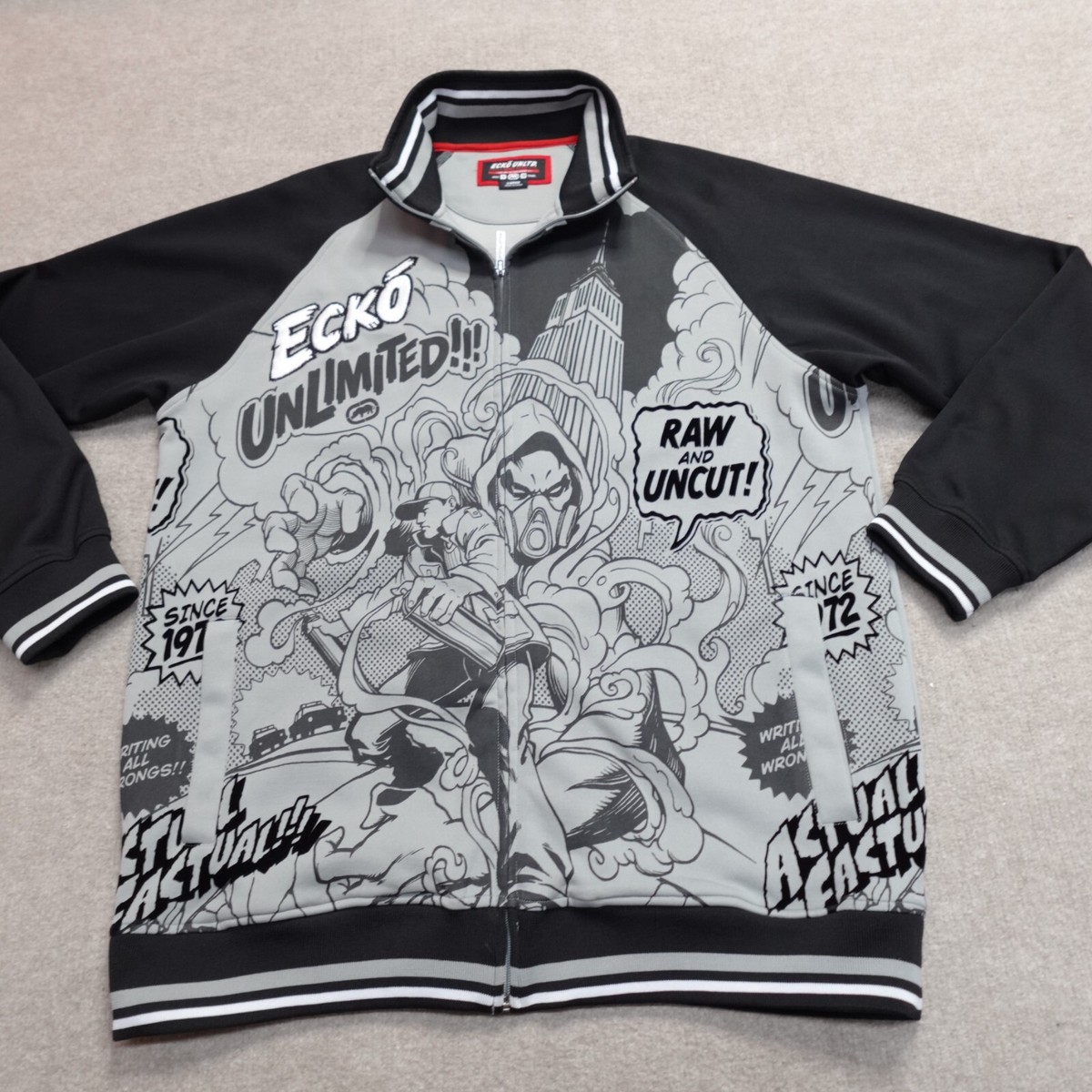 Vintage Ecko Jacket Large Gray Black Embroidered Comic Book