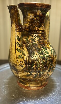 ANTIQUE MAJOLICA POTTERY PERSIAN STYLE, VASE DOUBLE HANDLE  display picture 1