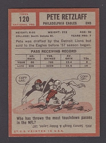 Pete Retzlaff Philadelphia Eagles 1962 Topps Card #120 SP - Picture 2 of 2