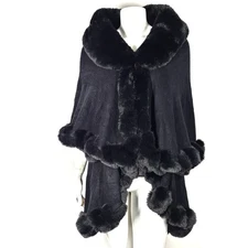 Melanie Lyne Women's Faux Fur Two Layer Cape Poncho Shawl Wrap Black One Size
