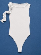 White Asymmetrical Bodysuit One Shoulder Rose Detail Women s Small Stretch