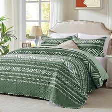 3 Pieces King Size Olive Green Quilt Set with King 98''x106'' Green Check